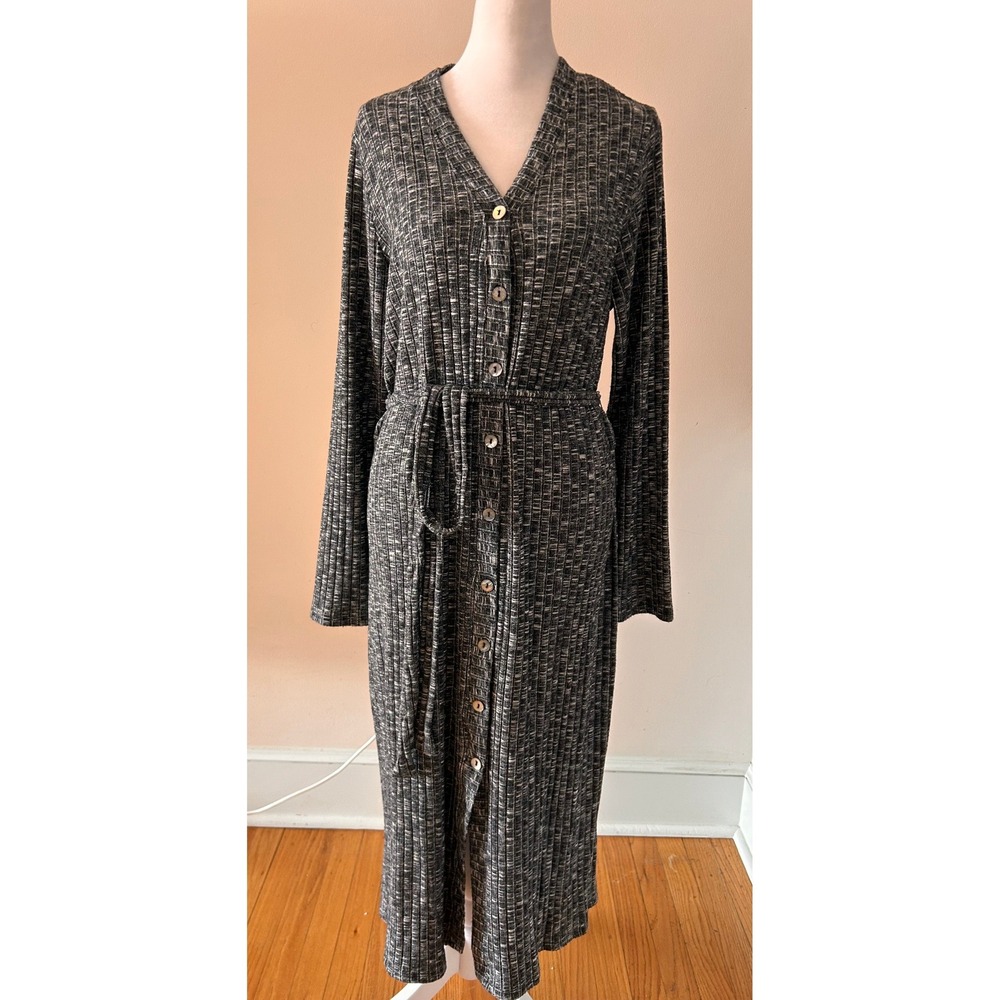 NWT Michael Stars Isla Ribbed Button Midi Women Dress Belted Black Marled 1X